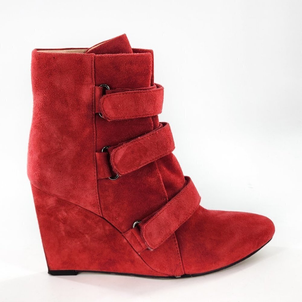 MISS SIXTY Red Suede Hook & Loop Wedge Heeled Ankle Booties 39 7.5 8